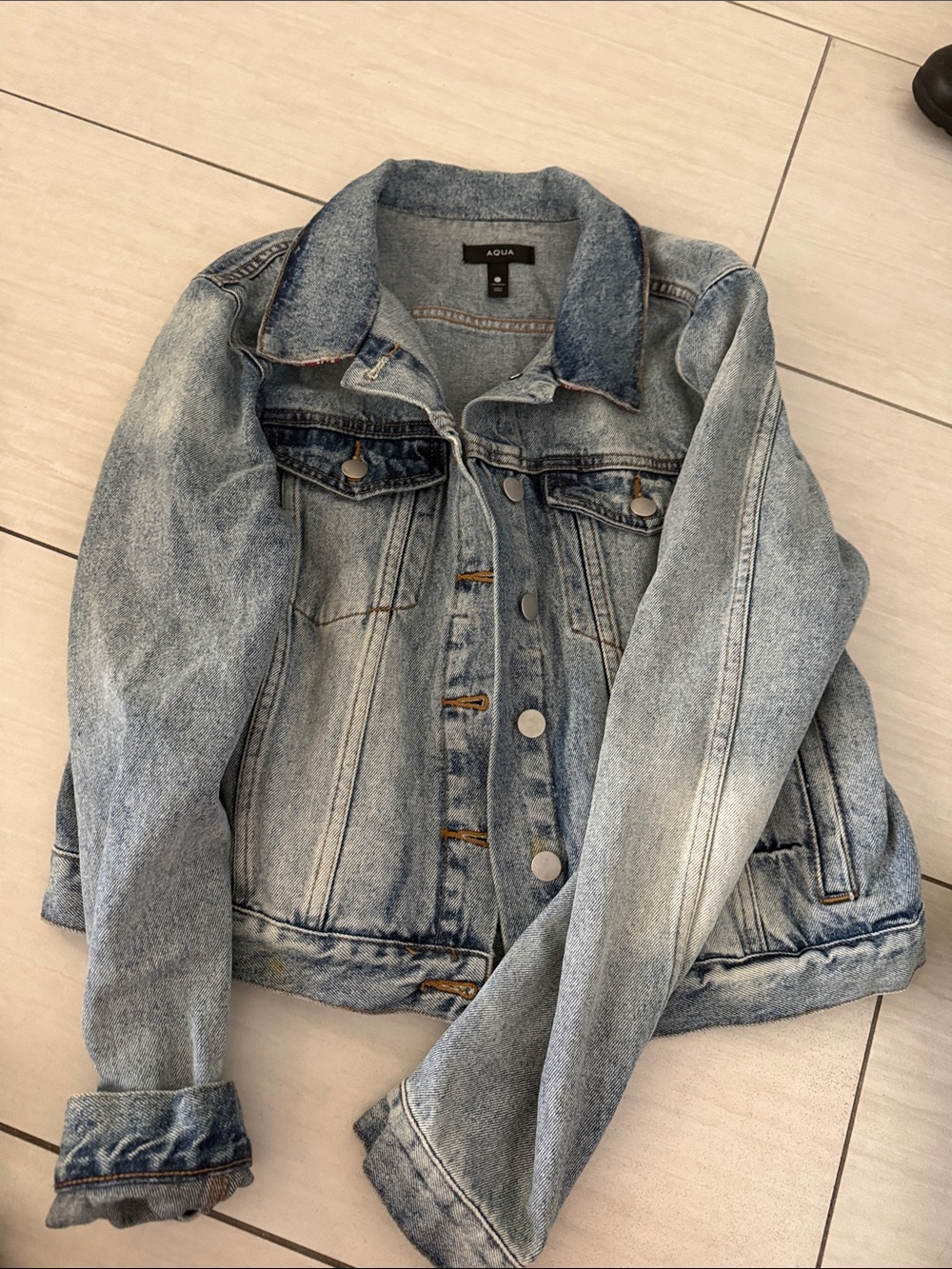 Aqua Light Blue Washed Denim Jacket with Red Paisley print on back
